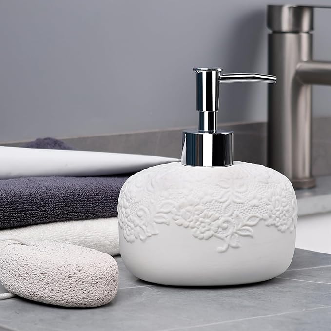 White Soap Dispenser, Ceramic Countertop Lotion Dispenser 14oz with Embossed Design, Bathroom Refillable Lotion Bottle for Shower Soaps Shampoo Kitchen Organization, ANTIS'S HOME