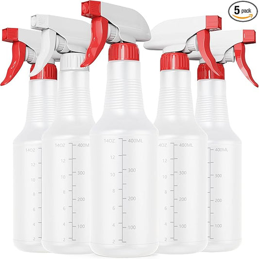 Veco Spray Bottle (5 Pack,16 Oz) with Measurements and Adjustable Nozzle(Mist & Stream Mode), HDPE Plastic Spray Bottles for Cleaning Solution, Household/Commercial/Industrial Use, No Leak and Clog