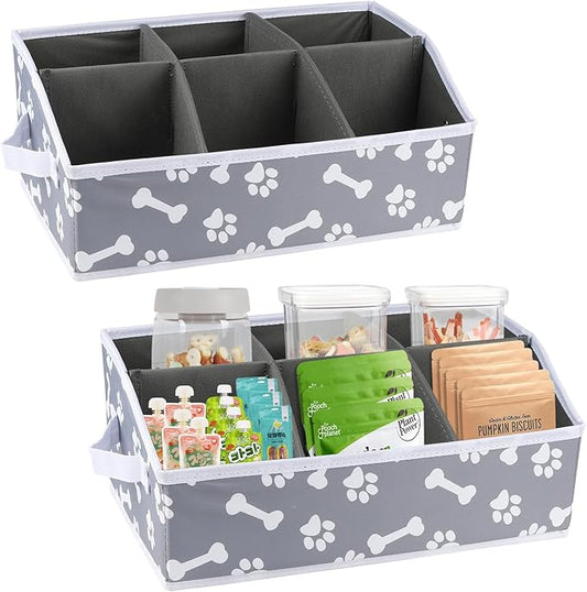 2pack Dog Storage Organizer,Dog Treat Container Bin for Countertop,Collapsible Cat Treats Container with Dividers,Dog Treats Station for Treats Stick/Canned Food/Bagged Snacks-Bone Paw