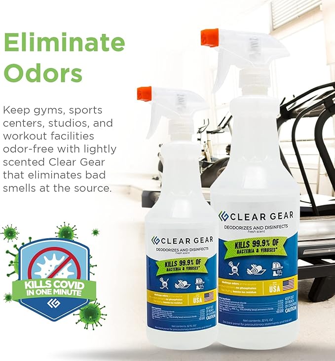 Clear Gear Gym Disinfectant, Yoga Mat Cleaner, Deodorizer For Sports Equipment, Gyms, and Fitness Centers - Mixed Pack - 16 Oz and 32 Oz Bottle Hospital grade Disinfectant Spray Pack