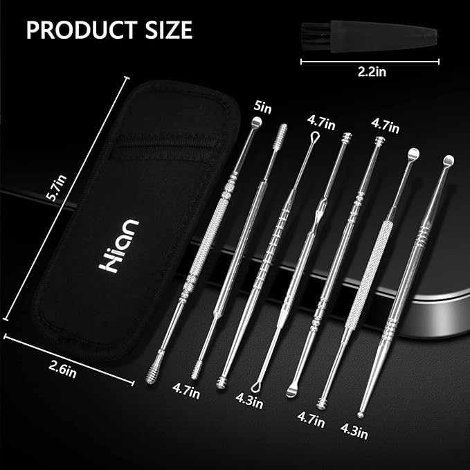 Hion 8 Pcs Ear Wax Removal Kit,Professional Double-Headed Ear Pick Earwax Removal Tools,316L Stainless Steel Ear Cleaner Curette with Cleaning Brush and Storage Box,Suit for Kid Adult(Silver)