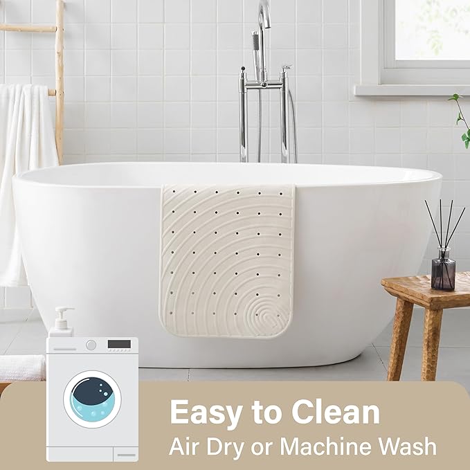 Extra Long Rubber Bathtub Mat, Non-Slip Shower Tub Mat, 39x16 Inch, Bath Tub Floor Mat with Suction Cups and Drainage Holes, Ivory White