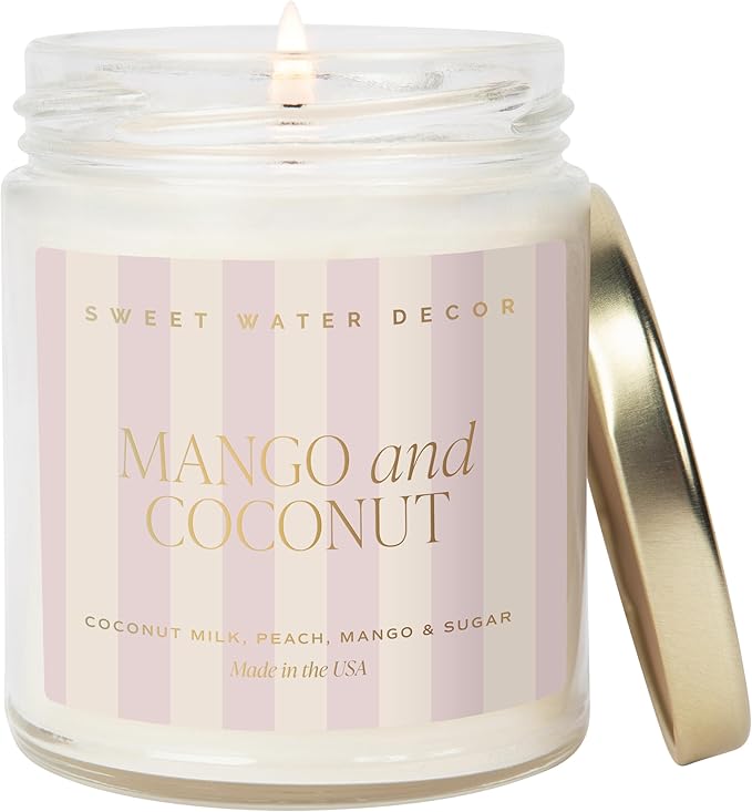 Sweet Water Decor Mango and Coconut Patterned Candle – Soy Candles with Pineapple, Mango, Orange, Peach – 40 Hour Burn – 9oz Clear Glass Jar – Ideal for Valentines Presents or Any Special Occasion