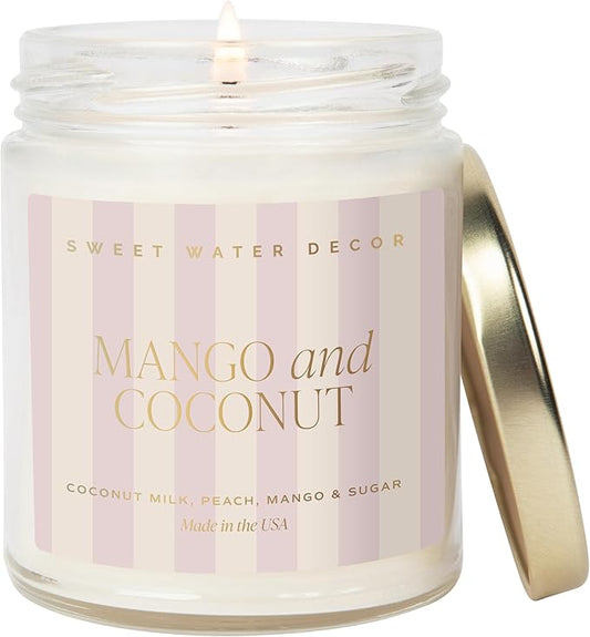 Sweet Water Decor Mango and Coconut Patterned Candle – Soy Candles with Pineapple, Mango, Orange, Peach – 40 Hour Burn – 9oz Clear Glass Jar – Ideal for Valentines Presents or Any Special Occasion
