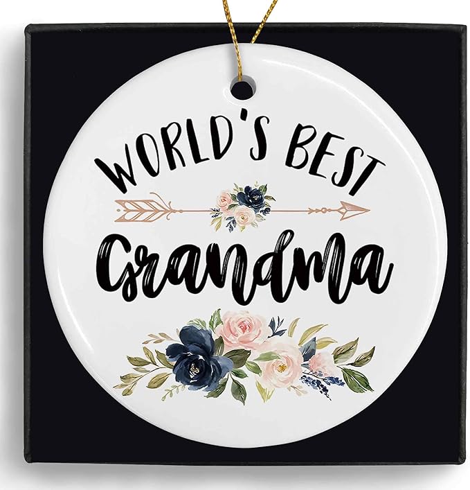 World's Best Grandma Ceramic Ornaments Gifts, Grandma Grandmother Round Hanging Ornament Decor Decorations for Christmas Tree Car, Thank You Appreciation Gifts for Grandma Birthday Holiday