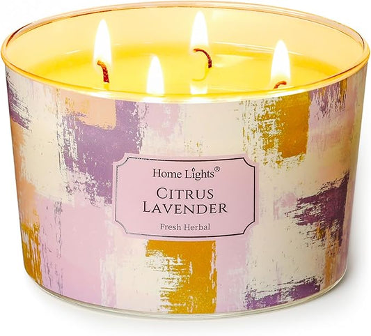 HomeLights Citrus Lavender Scented Candles | 18oz Soy Candles Scandinavian Minimalist Design 4-Wick Large Candle Jars | Ideal Candle Gifts for Events, Home Decor Stress, Relief & Relaxation