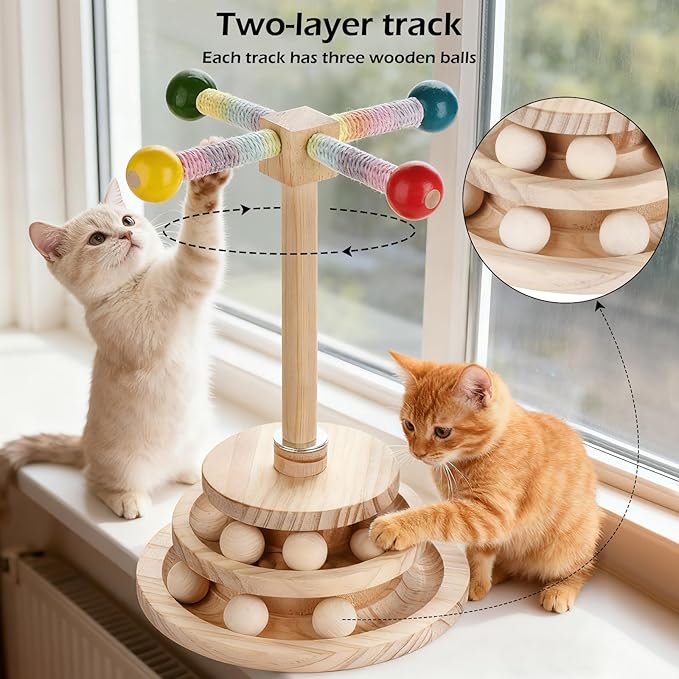 2-in-1 Wooden cat Toy, Interactive Multi-Layer Ball Track and Rotating cat Teaser Stick - Durable Natural Wood Made Puzzle Sports Toy for Kittens