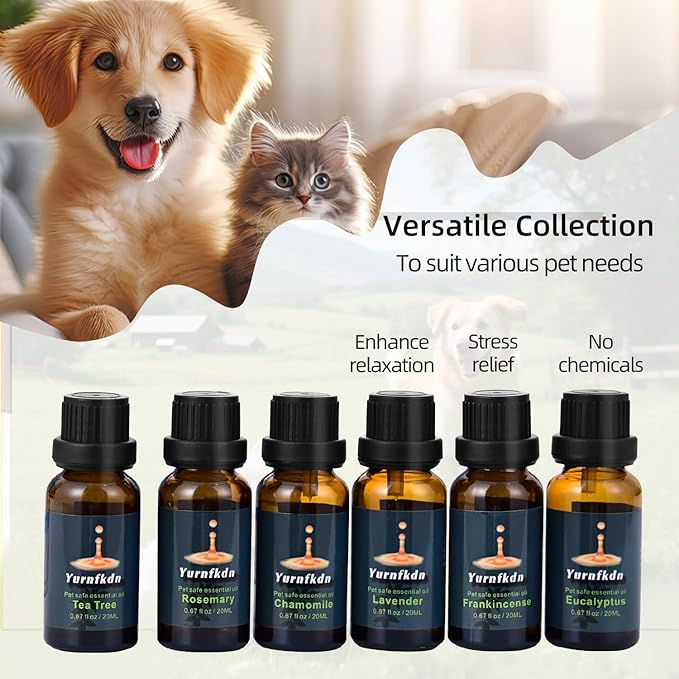Pet-Friendly Essential Oil Set: Home Fragrance and Stress Relief. Safe for Dogs and Cats, Suitable for Aromatherapy Diffuser Bottles, Incense Sticks, and Candles, with six Interchangeable scents.