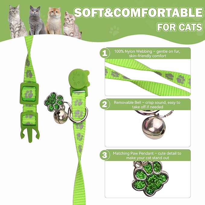 4PCS Breakaway Cat Collars,Reflective Cat Collar with Bells,Kitten Collars for Boy&Girl Cats Breakaway Collar for Cats with Paw Pendant 6-9 Inch(Black+Blue+Green+Grey)