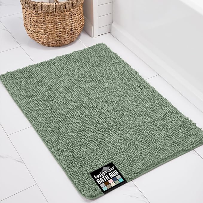 KANGAROO Bathroom Rugs, Chenille Soft Absorbent Bath Rug, Shaggy Shower Mat, Quick Dry Machine Wash Bathmat, Plush Carpet Mats for Tub, Bathtub and Room Home Decor Accessories, 30x20, Sage