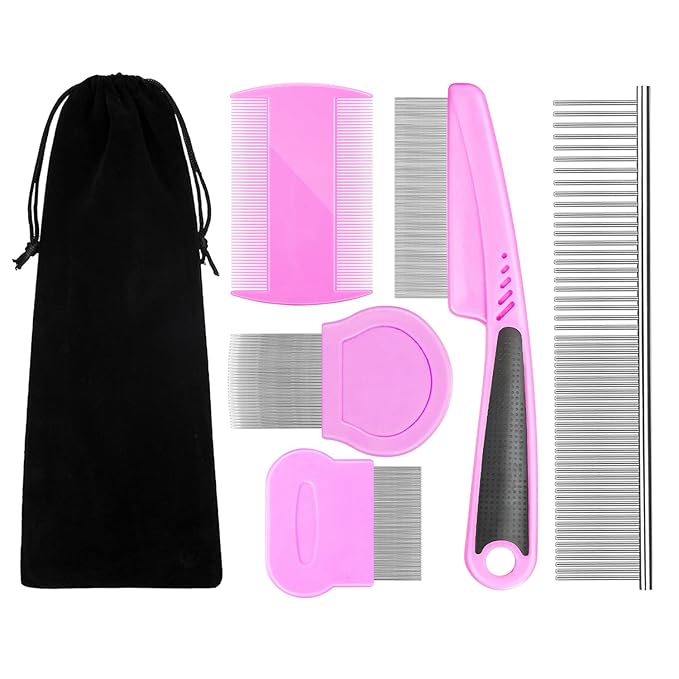 Flea Comb For Dogs & Cats Pet Comb Grooming Set 5 Pieces Metal Teeth Durable Remove Tear Stain Float Hair Combing tangled hair Dandruff Add Storage Pouch (pink)