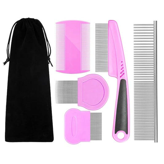 Flea Comb For Dogs & Cats Pet Comb Grooming Set 5 Pieces Metal Teeth Durable Remove Tear Stain Float Hair Combing tangled hair Dandruff Add Storage Pouch (pink)