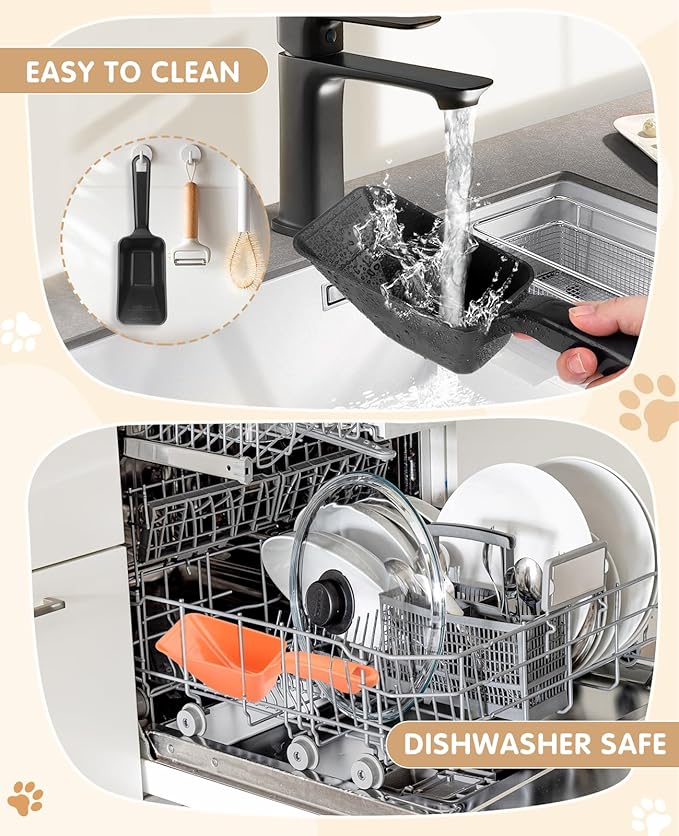 2-Pack Dog Food Scoop 1 Cup, Plastic Pet Food Measuring Scoop With Measuring Lines (1/2 & 1 Cup Markings) for Dogs, Cats, Fish, Bird（Black and Orange)