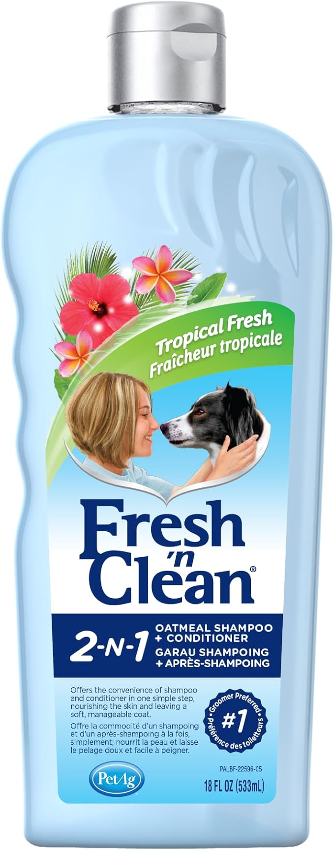 PetAg Fresh ’n Clean 2-N-1 Oatmeal Conditioning Shampoo, Tropical Scent - 18 oz - Moisturizes with Vitamin E & Aloe Vera - Strengthens & Repairs Coats - Soap Free
