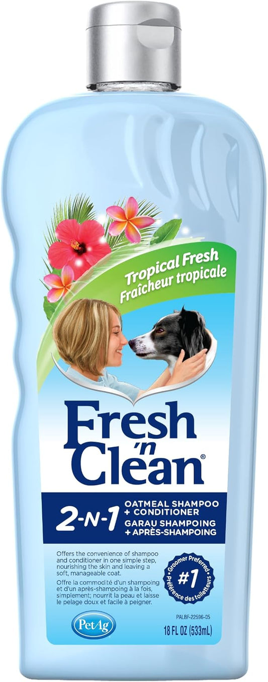 PetAg Fresh ’n Clean 2-N-1 Oatmeal Conditioning Shampoo, Tropical Scent - 18 oz - Moisturizes with Vitamin E & Aloe Vera - Strengthens & Repairs Coats - Soap Free