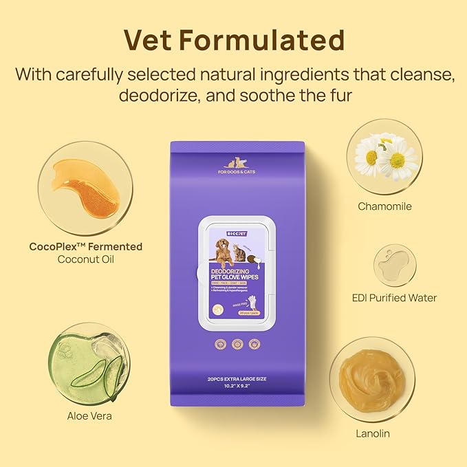 HICC PET Cleaning Deodorizing Glove Wipes for Dogs & Cats, Vet Recommended Hypoallergenic Hydrating & Nourish Fur Pet Grooming Glove Wipes, Pet Bathing Wipes for Horse Coat Care