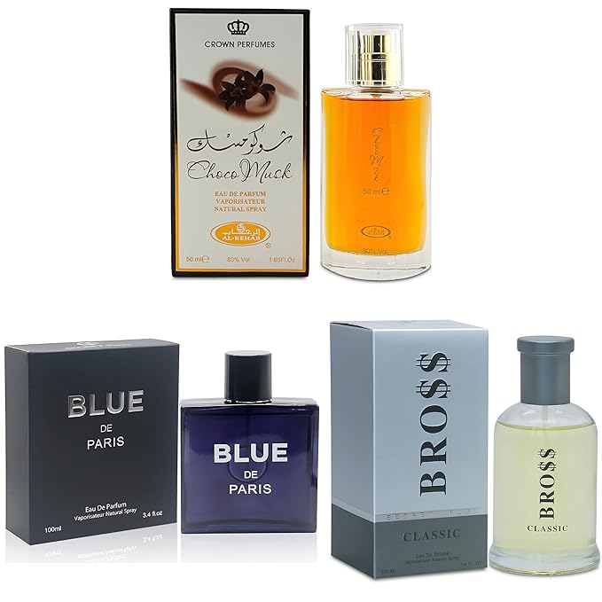 3Pack Men Colognes Choco Musk&Aries&Bross Classic&Blue De Paris Eau De Parfume Spray with Woody Floral & Fruity Scent Perfume Gift Set Day to Night Luxury Fragrances