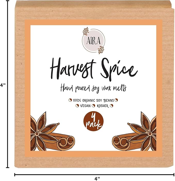 Aira Fall Wax Melt - Organic, Vegan, Kosher, Scented Soy Wax Cubes w/Essential Oil Blends - No Chemical 100% Soy Wax Melts for Electric/Tealight Melter - Hand-Poured Soy Tarts - Harvest Spice -4 Pack