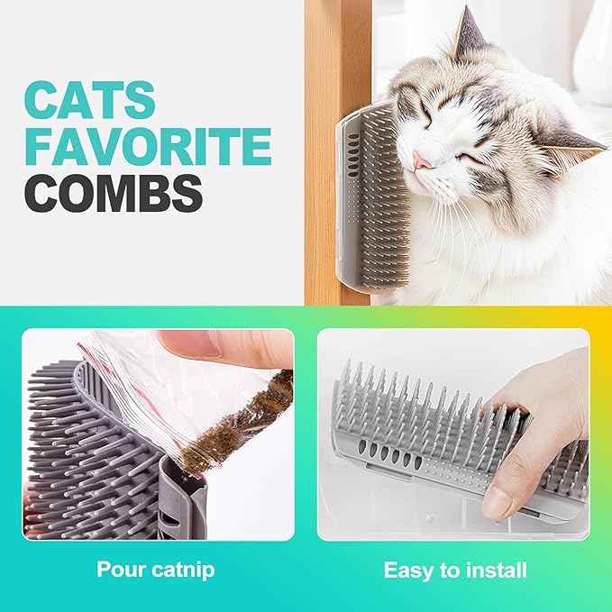 2-Pack Cat Corner Scratcher Set – Wall-Mounted Massage Comb with Catnip Self-Grooming & Detangling for Cats, Durable Sisal & Velvet Surface
