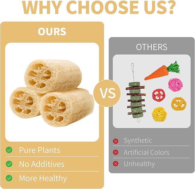 3 PCS Rabbit Chew Toys,100% Natural Loofah Without Additives,Bunny Chew Toys for Teeth,Fiber-Rich Rabbit Treats for Bunny Chinchilla Dogs