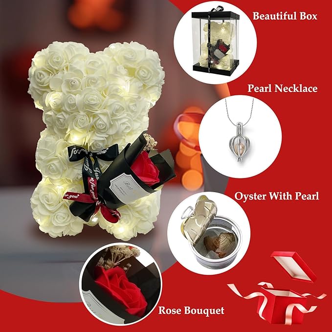 Romantic Valentines Day Gift for Her Rose Artificial Flower Rose Teddy Bear for Wife, Girlfriend Mother Daugther Women. Blind Box for Christmas Birthday Wedding Anniversary (White)