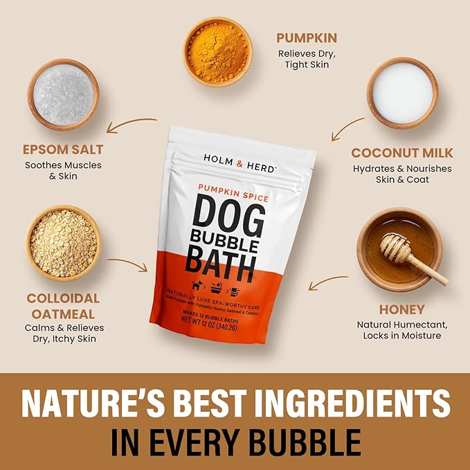 Dog Shampoo Alternative – Oatmeal & Honey Dog Bubble Bath with Autumn Scent – Natural Gentle Puppy Wash – Halloween Dog Gift - 12 Baths (Pumpkin Spice)