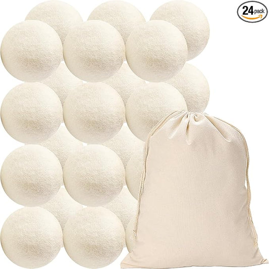 24 Pack Wool Dryer Balls XL Reusable Laundry Balls for Dryer Natural Fabric Softener Ball with 1 Storage Bags Reduce Wrinkles and Decrease Drying Time