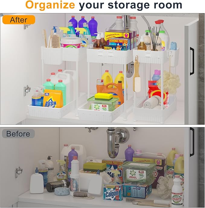 3 Pack Under Sink Organizers, 2-Tier Multi-Use Kitchen and Bathroom Organizers and Storage with Sliding Drawers，Bathroom Cabinet Organizer (White, 12.8 Inch)