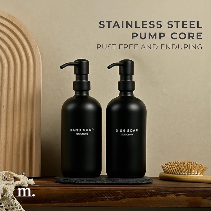 MaisoNovo Soap Dispenser 3-Piece Set | 16.9oz Black Bottles with Black Stainless Steel Pumps