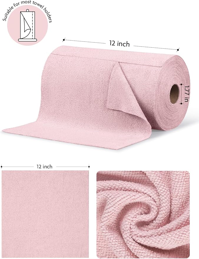 Fantasticlean Microfiber Cleaning Cloth Roll -75 Pack, Tear Away Microfiber Towels, 12" x 12", Reusable, Washable, Scratch Free, Ultra Absorbent Dish Rags for Car, Home, Garage or Shop (Pink)