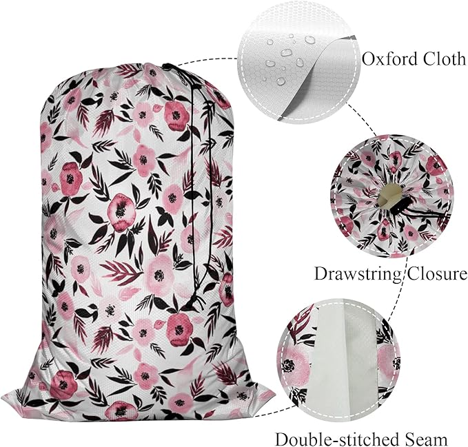 Swono Watercolor Sketch Poppy Large Laundry Bag Washable Large Dirty Clothes, Leaf Repeating Pattern Drawstring Organizer Bag, Fit Hamper Basket Camp Travel Home Dorm, Pink Black
