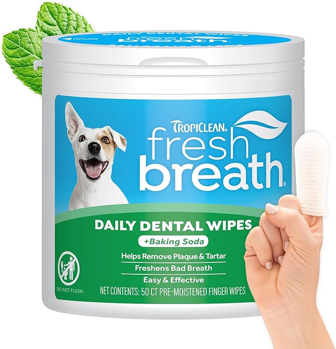TropiClean Fresh Breath Dog Teeth Cleaning Dental Wipes, Finger Wipes for Plaque & Tartar Removal + Baking Soda, Easy to Use Dog Dental Care, 50ct