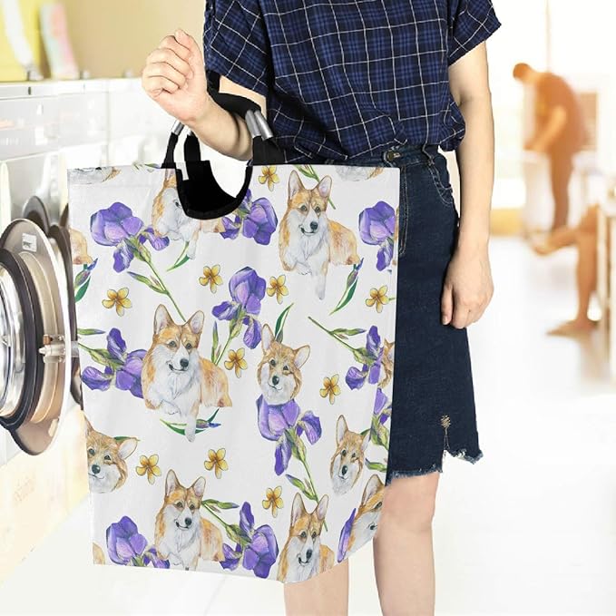 visesunny Collapsible Laundry Basket Purple Tulip Dog Animal Large Laundry Hamper with Handle Toys and Clothing Organization for Bathroom, Bedroom, Home, Dorm, Travel