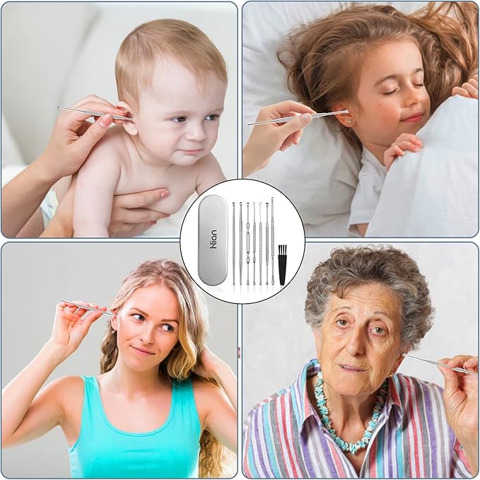 Hion 8 Pcs Ear Wax Removal Kit,Professional Double-Headed Ear Pick Earwax Removal Tools,316L Stainless Steel Ear Cleaner Curette with Cleaning Brush and Storage Box,Suit for Kid Adult(Silver)