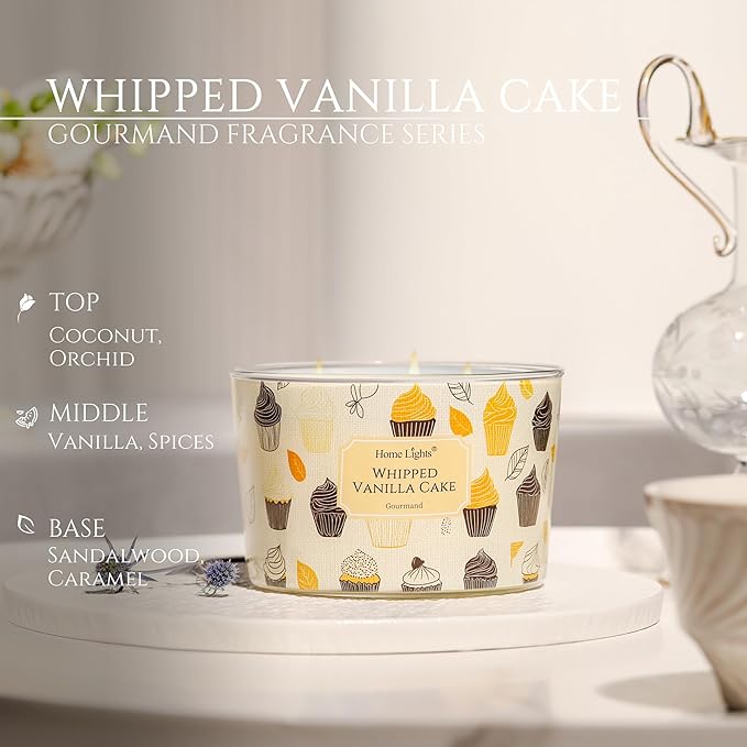 HomeLights Scented Candles for Women & Men, 18oz Candle Jars Aromatherapy 4-Wick Candle, Ideal for Rustic Modern Home Decor and Gifts, Whipped Vanilla Cake