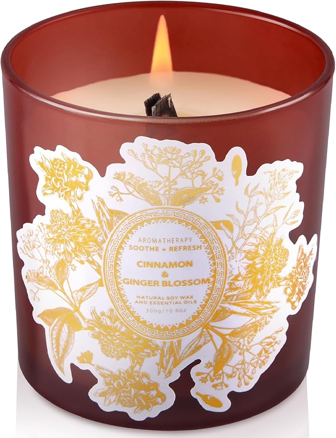 Cinnamon & Ginger Blossom Scented Candle - Large Wood Wick Soy Candle, 10.6 oz - Warm Fall & Autumn Aromatherapy Candle for Home - Long-Lasting, Clean Burn