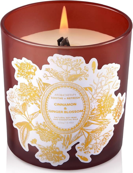 Cinnamon & Ginger Blossom Scented Candle - Large Wood Wick Soy Candle, 10.6 oz - Warm Fall & Autumn Aromatherapy Candle for Home - Long-Lasting, Clean Burn
