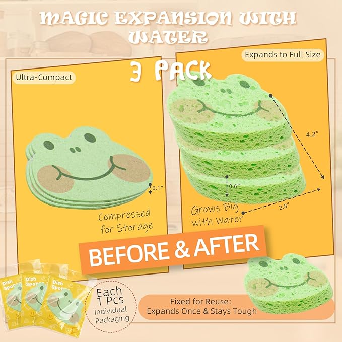 3 Pcs Cute Compressed Wood Pulp Cotton Sponges, Frog Animal-Shaped Reusable and Highly Absorbent for Dishwashing, Kitchen Surfaces, and Bathroom Cleaning