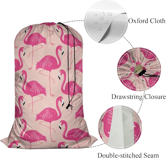 Swono Pink Flamingos Extra Large Laundry Bag with Drawstring Heavy Duty Travel Dirty Clothes Bag for Laundromat Household, Tropical Bird Feather Beak Rip-Stop Laundry Hamper Bag, 28x40 Inch, Wildlife
