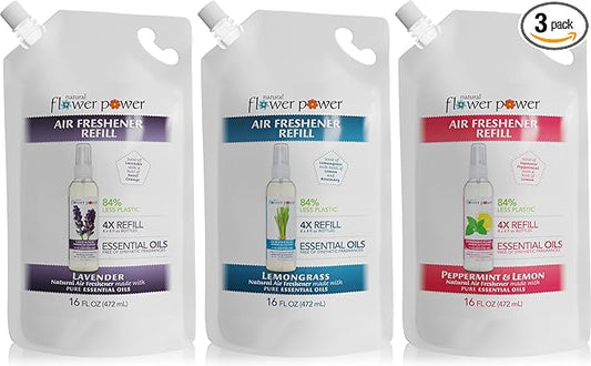 Natural Flower Power Air Freshener Spray Refills - Odor Eliminator w/Essential Oils - Home, Car & Fabric - Cruelty Free & Vegan - Variety Pack - Lavender, Lemongrass, Peppermint & Lemon - 3 x 16 fl oz