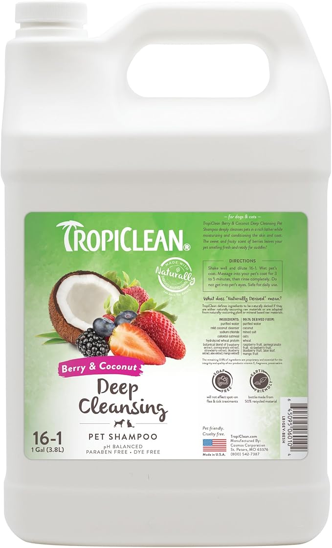TropiClean Deodorizing Dog Shampoo for Smelly Pets, Professional Dog Shampoo, Long Lasting Odor Control, Puppy Safe, USA Made, Berry Scent, 1 Gal