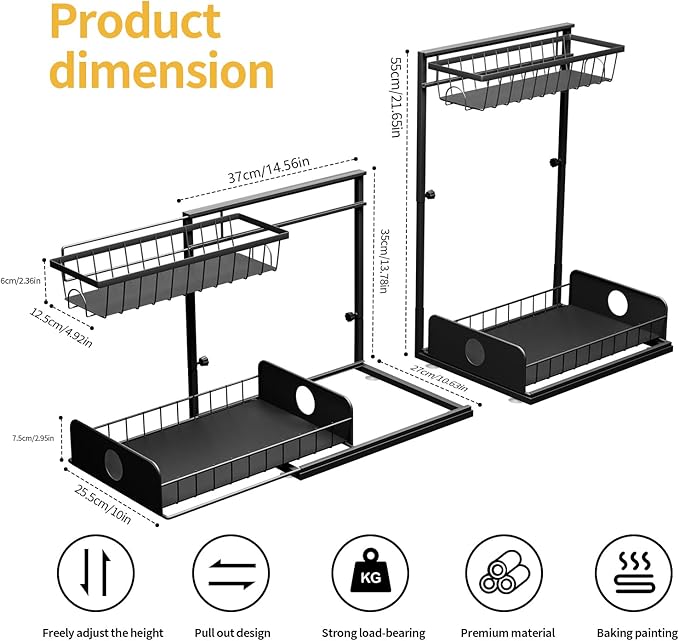 2 Pack Under Sink Organizers, Height Adjustable Under Sink Organizers And Storage, 2 Tier Pull Out Drawer Sturdy Metal Cabinet Organizer For Kitchen Bathroom Pantry