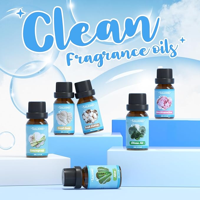 SALKING Clean Fragrance Oils Set, Premium Essential Oil for Diffuser, Scented Oil Gift Set for Soap Candle Making - Lemongrass, Fresh Cotton, Fresh Linen, Cherry Blossom Soap, Clean Air, Aloe