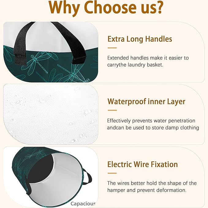 Dragonfly Green Laundry Basket,Waterproof Foldable Laundry Hamper,Dirty Clothes Laundry Basket, Linen Bin Storage Organizer for Toy Collection 16" x 20"