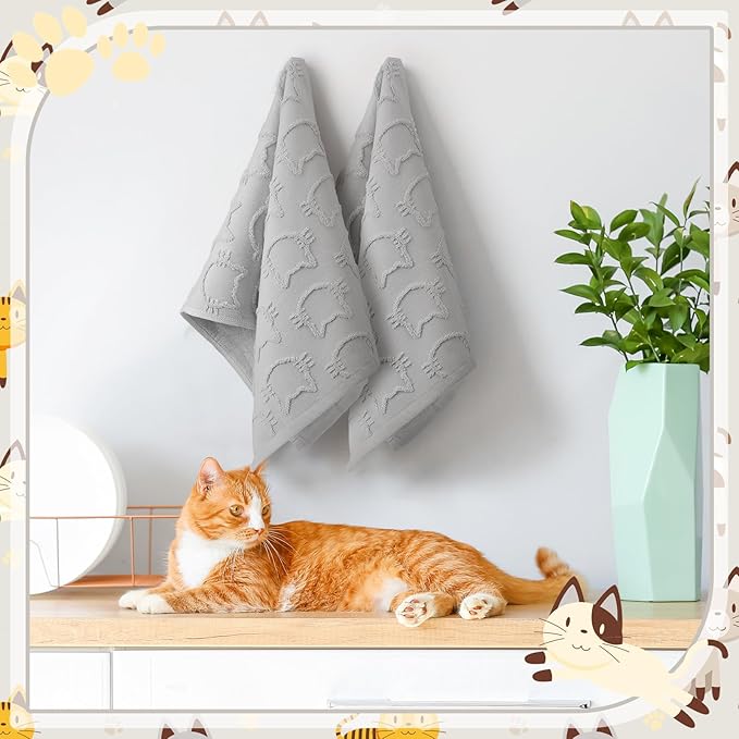2 Pcs Cat Hand Towels for Bathroom, Cute Gray Kitty Face Jacquard Weave 100% Cotton Absorbent Decorative Towels for Bathroom Kitchen Decor Gift, 13.7 x 29.5 Inch