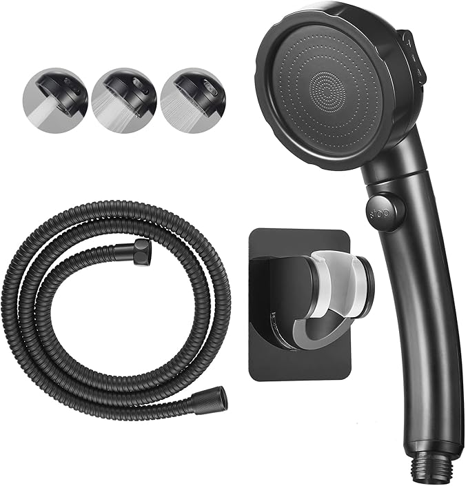 KAIYING Drill-Free High Pressure Handheld Shower Head with ON/OFF Pause Switch 3 Spray Modes Water Saving Showerhead, Detachable Puppy Shower Accessories (N:Shower Head (Black)+Bracket+Hose)