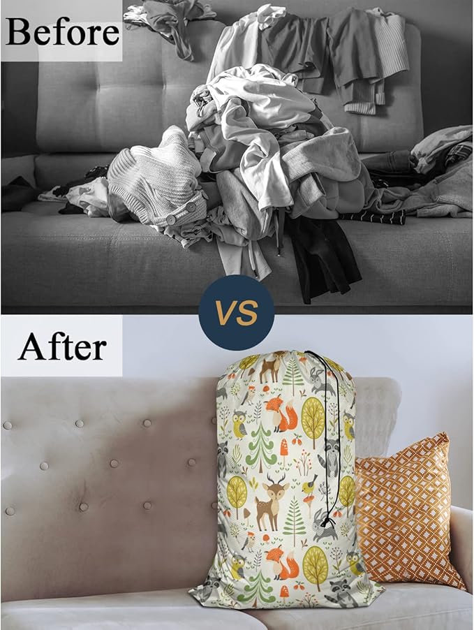 Swono Woodland Animals Laundry Bag with Strap Machine Washable Large Dirty Clothes Organizer Trees Mushrooms Berries Rabbit Owl Easy Fit Laundry Hamper or Basket, Carry Up to 4 Loads of Laundry