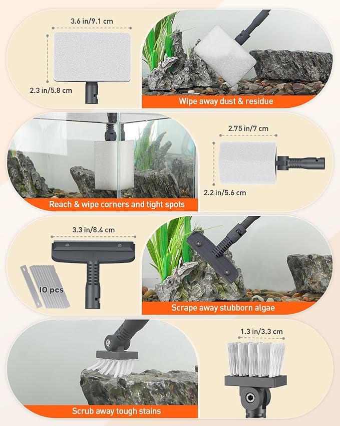 Pawfly Aquarium Cleaning Tools, 7 in 1 Fish Tank Cleaning Kit, Algae Scraper, Sponge Scrubber Pad, Brush, Gravel Rake & Fish Net with Adjustable Long Handle, Fish Tank Cleaner Set