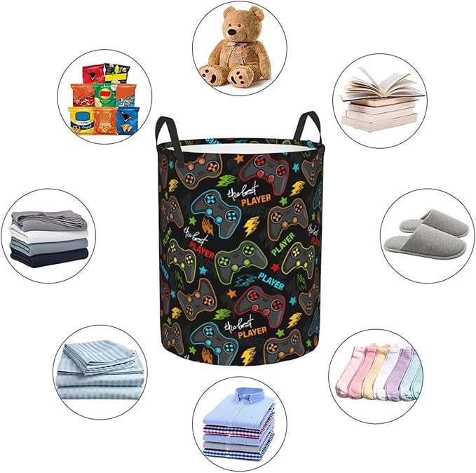 Gaming Joysticks Laundry Hamper Bag With Waterproof Liner - Video Game Controller Round Laundry Basket Foldable Clothes Storage Organizer For Bathroom Bedroom Nursery Dorm, S-16.5"X 13.8"
