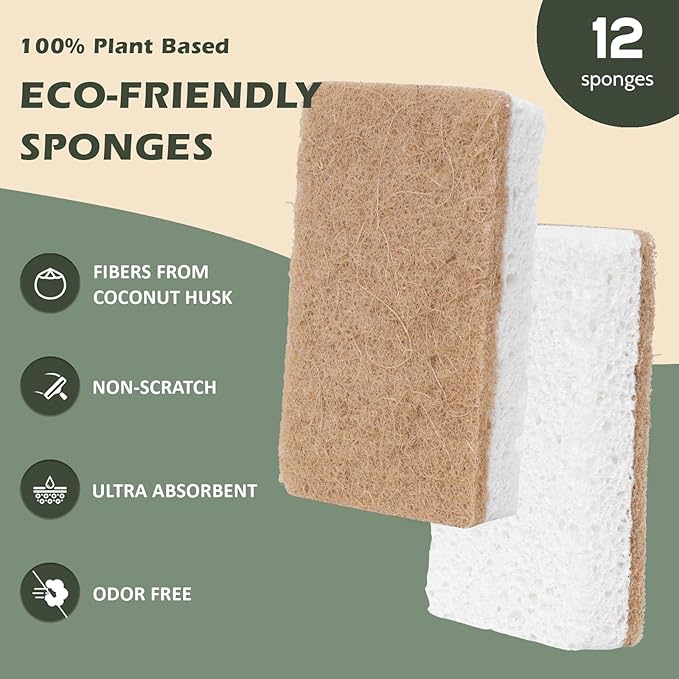 Plant-Based Kitchen Sponges - FSC Certified and PETA Approved, Natural, Eco-Friendly, Biodegradable Sisal Hemp Sponges for Dishes, Cleaning Sponge for Kitchen, Bathroom, Household - 12 Count